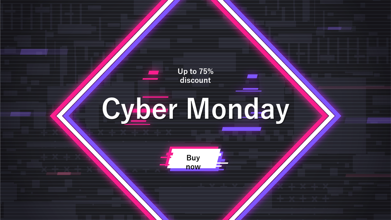 Futuristic Cyber Monday design featuring a glowing frame, pixel distortion effects, and a central buy button.