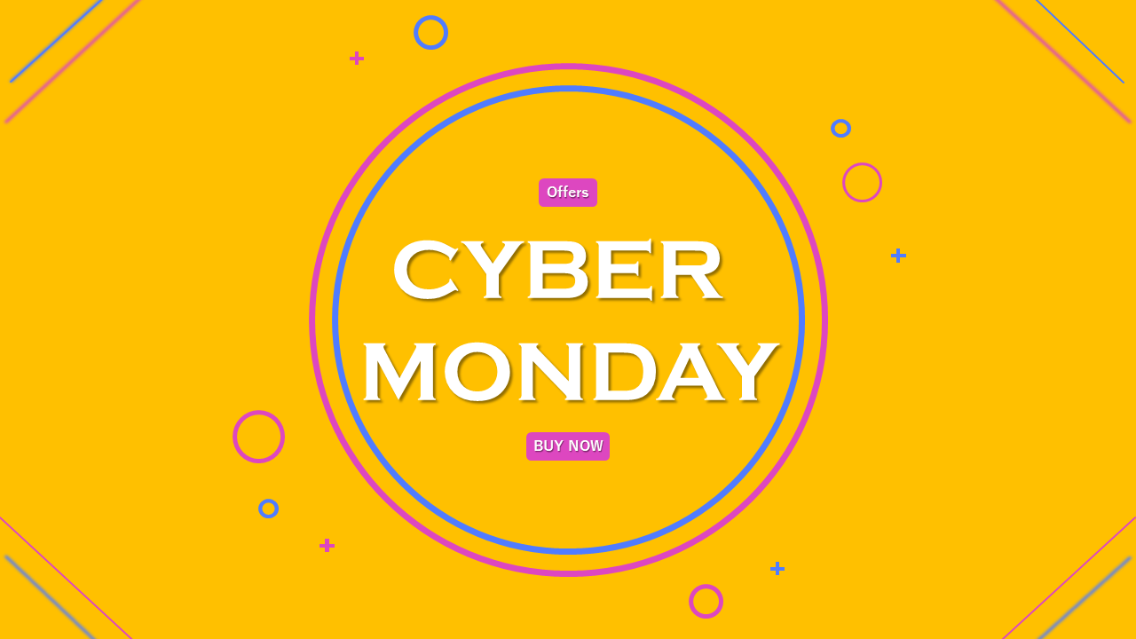 Promotional Cyber Monday design with layered round frames, minimal icons, and white 3D text on yellow backdrop.
