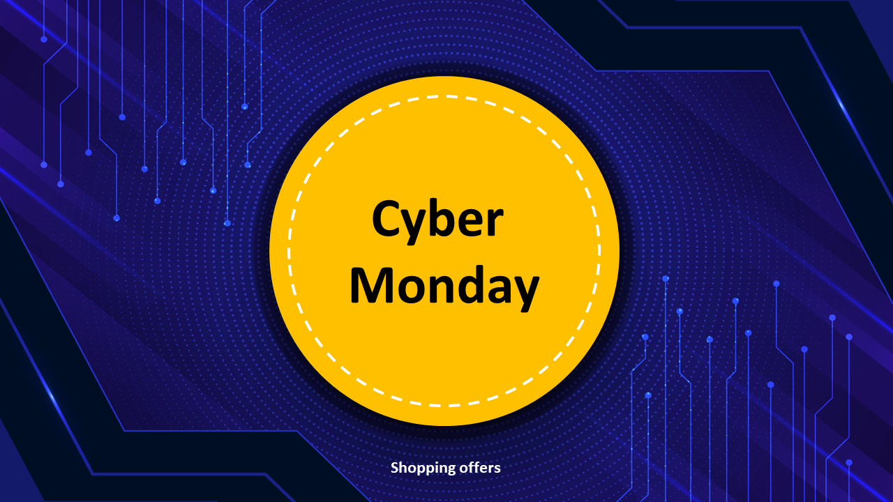 Circular Cyber Monday graphic on a futuristic blue purple tech background with circuit patterns and digital effects.