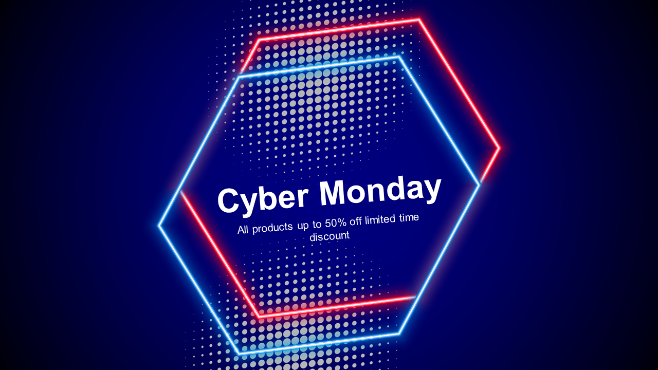 Hexagon Cyber Monday banner with glowing red and blue edges over dotted gradient texture on a dark blue background.