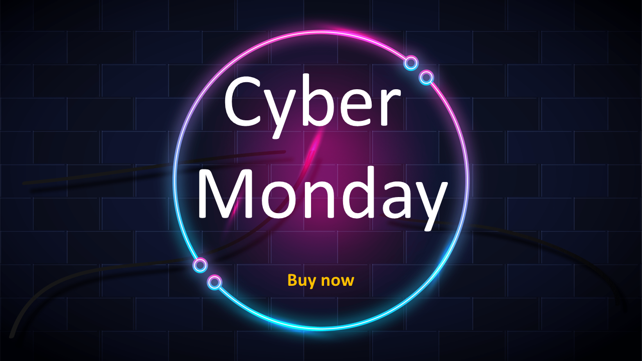 Cyber Monday slide with glowing neon circle in pink and blue gradient on dark brick wall background.
