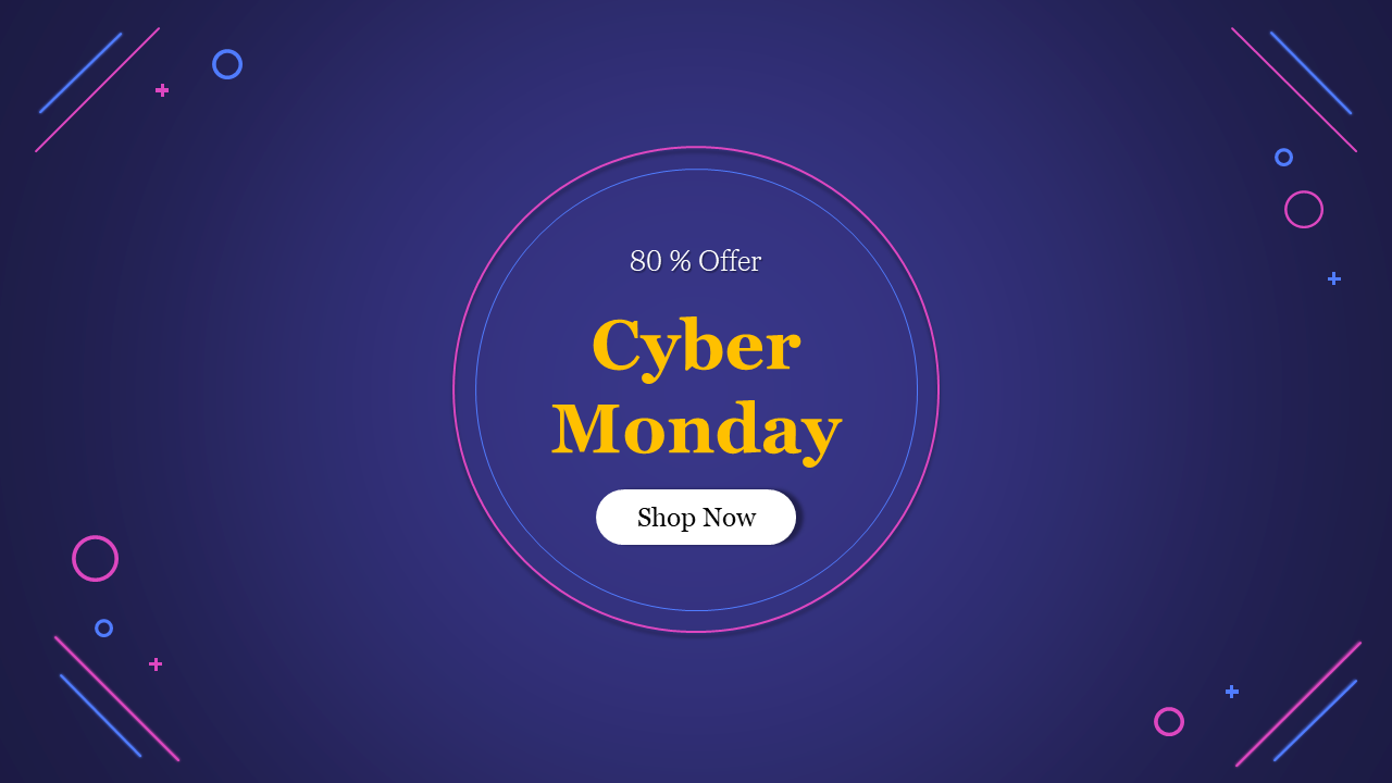 Cyber Monday slide with yellow text inside layered purple rings on a dark gradient blue background.