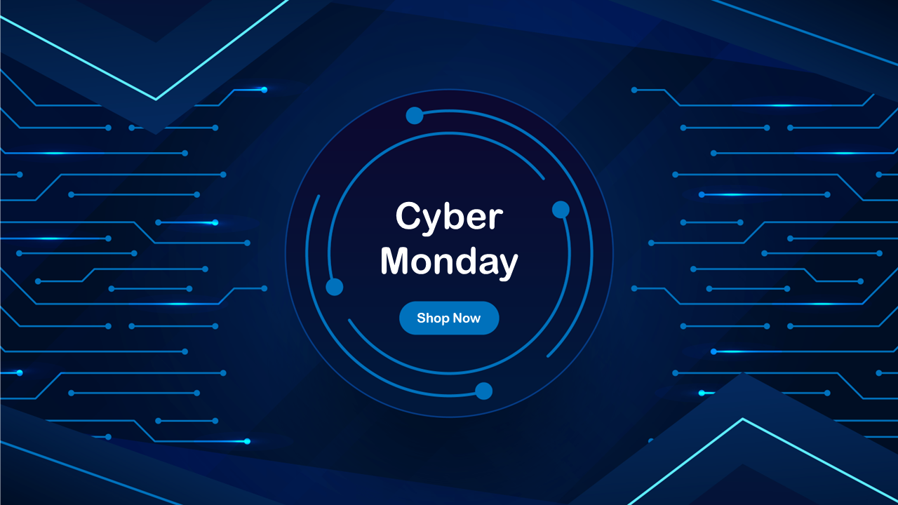 Futuristic Cyber Monday graphic featuring electronic circuitry patterns and centered call to action button.