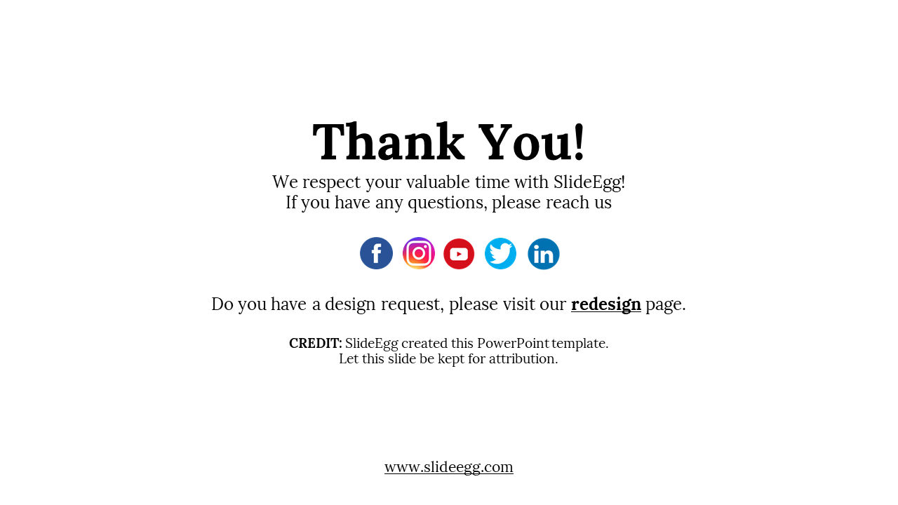 Thank you slide with bold heading, social media icons, and credit note at the bottom on white background.