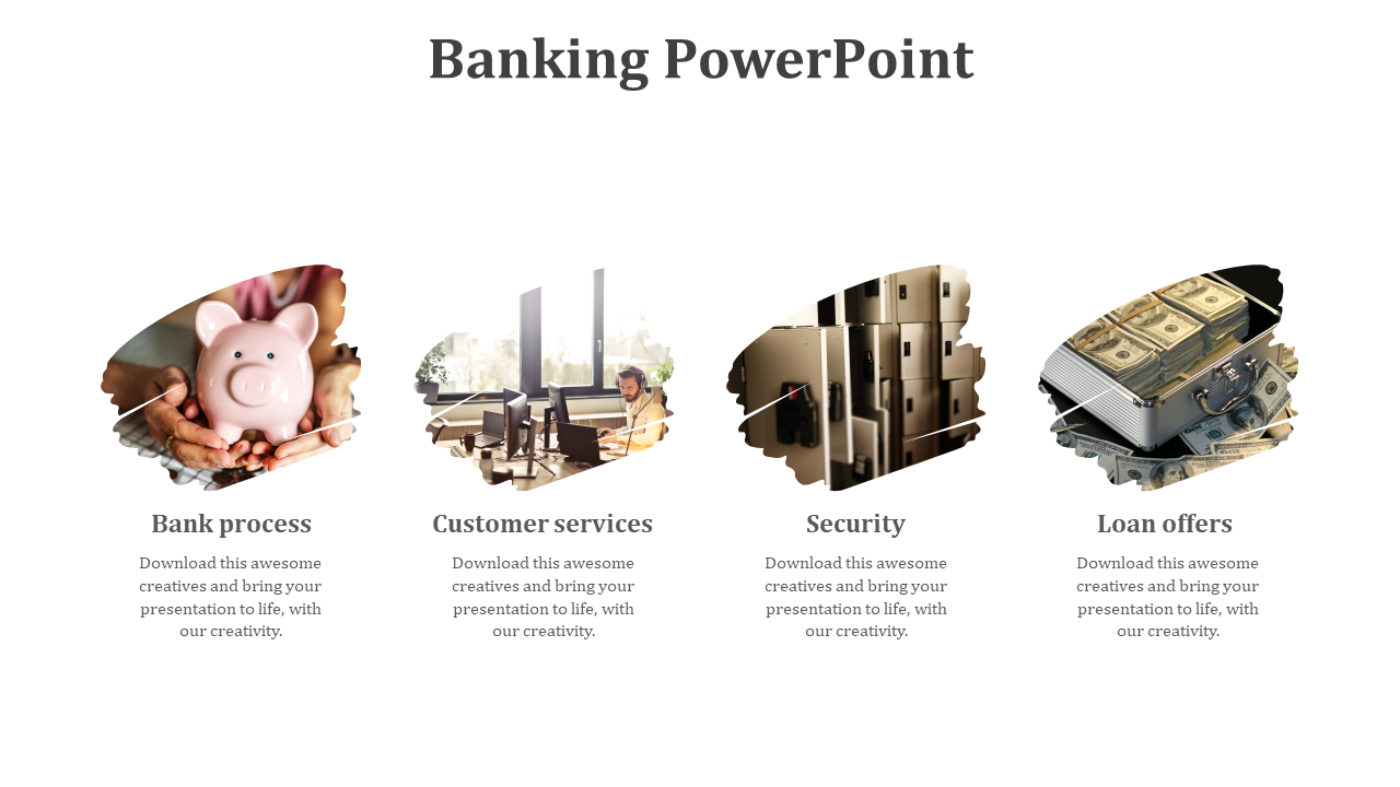 Visual layout with piggy bank, call center, safety lockers, and cash briefcase under banking categories.