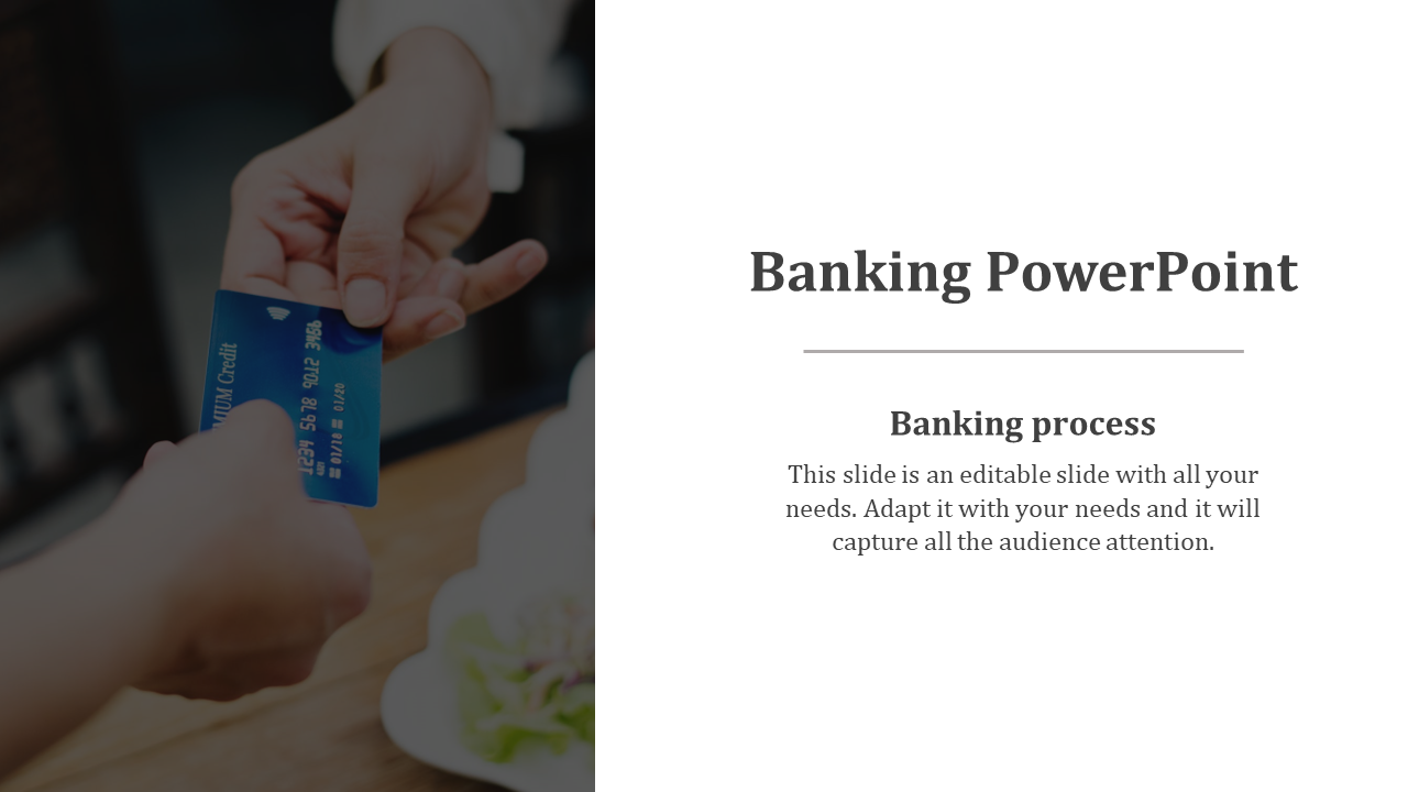 Image of a card payment on the left and a clean white area on the right for banking process presentation content.