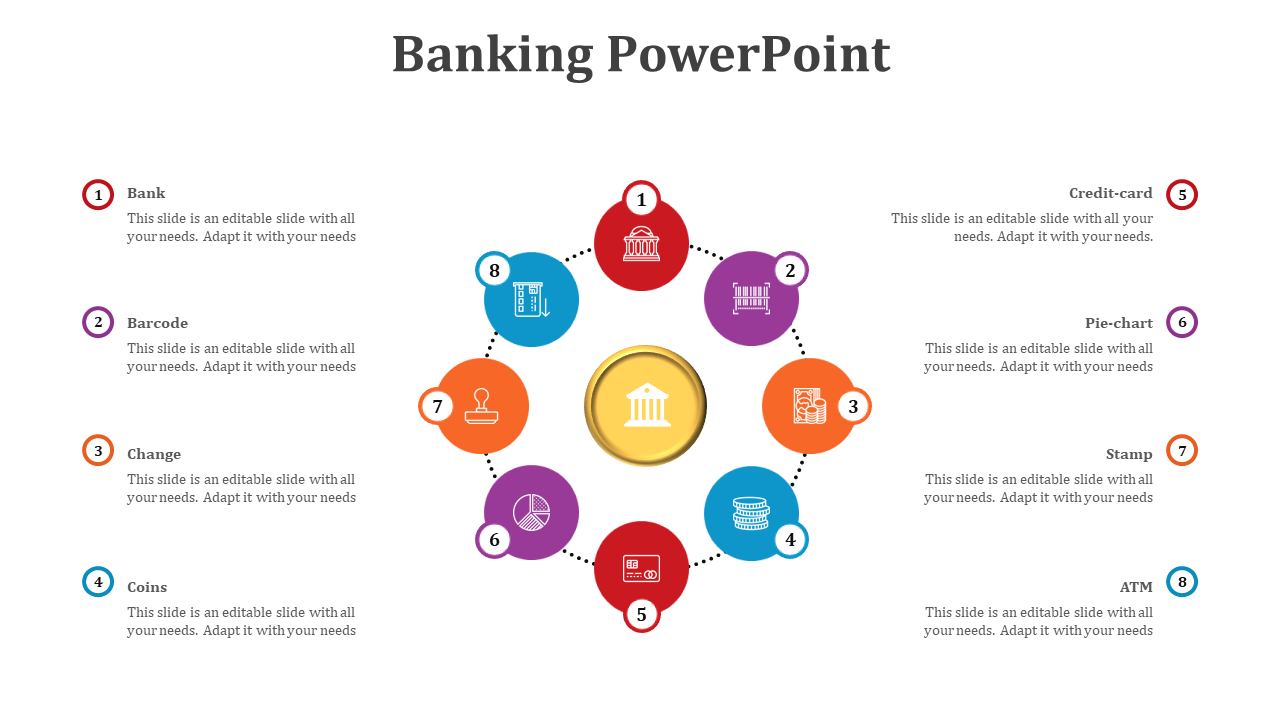 Infographic with eight colorful segments and banking icons linked in a circle around a central golden bank icon.