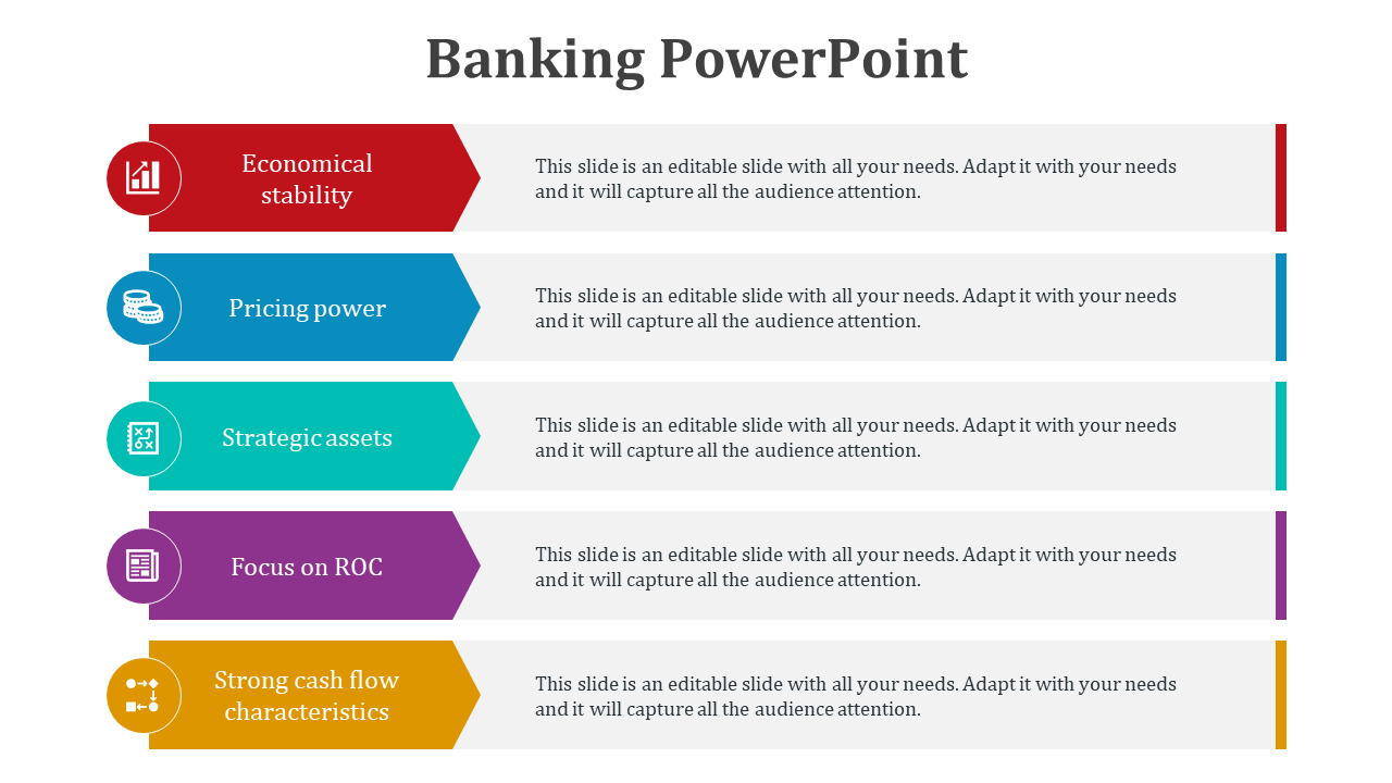 Banking list with five colorful rows showing icons and labels like stability, pricing, assets, ROC, and cash flow.
