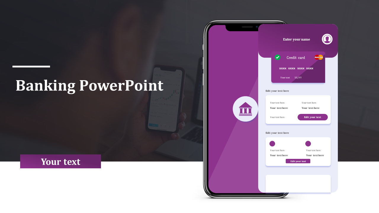Circular layout with five labeled banking elements using curved arrow segments and icons like piggy bank and chart.