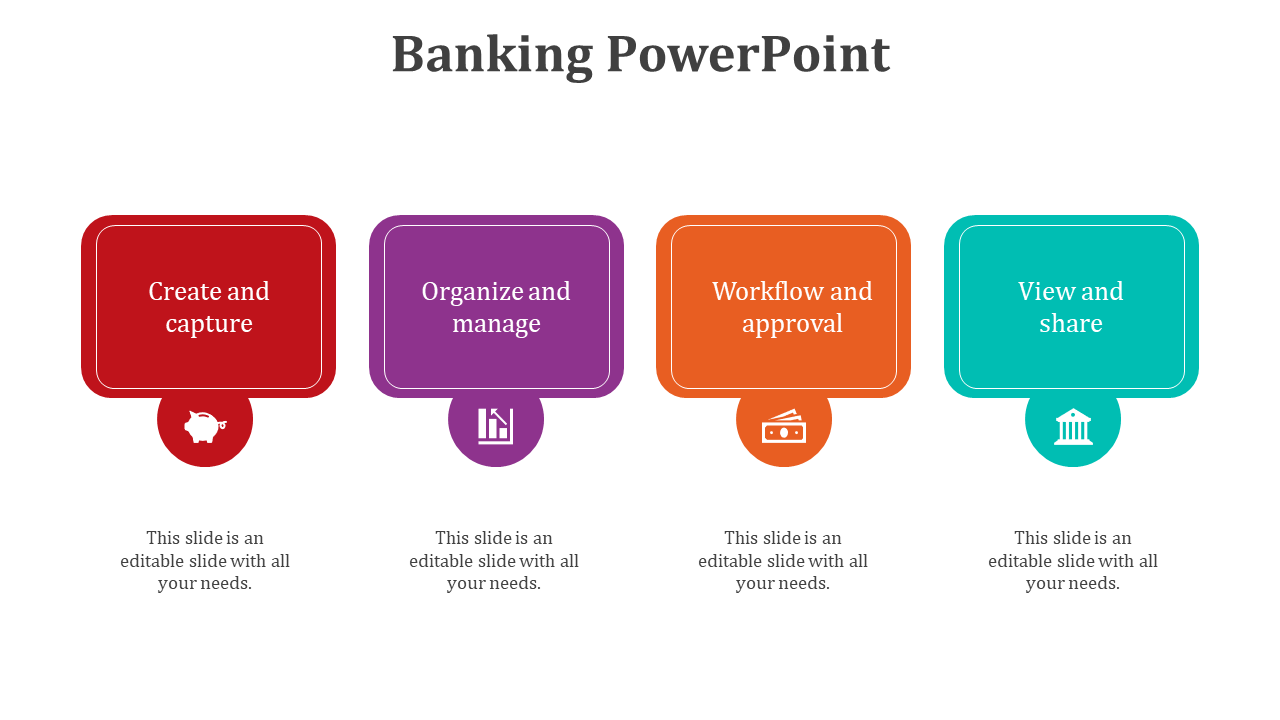 Smartphone mockup with purple banking interface, credit card display, and editable sections for user text.