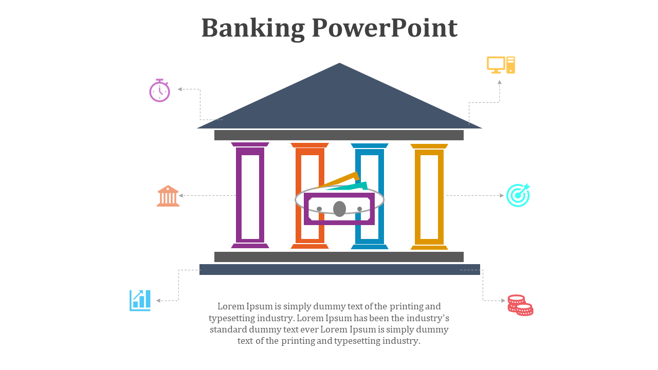 Semi circular banking infographic with six colorful segments labeled A to F, each with icons and captions.