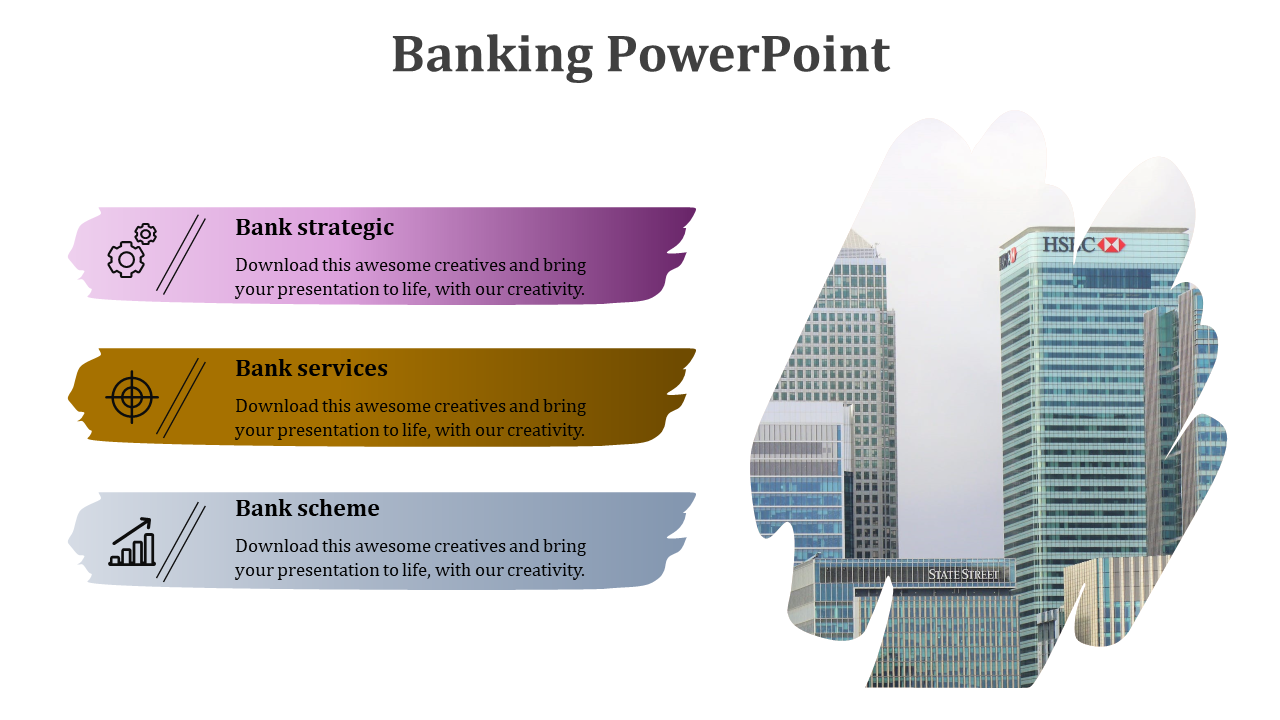 Banking diagram with five colorful 3D arrows pointing outward from center, each labeled with icons and steps 01 to 05.