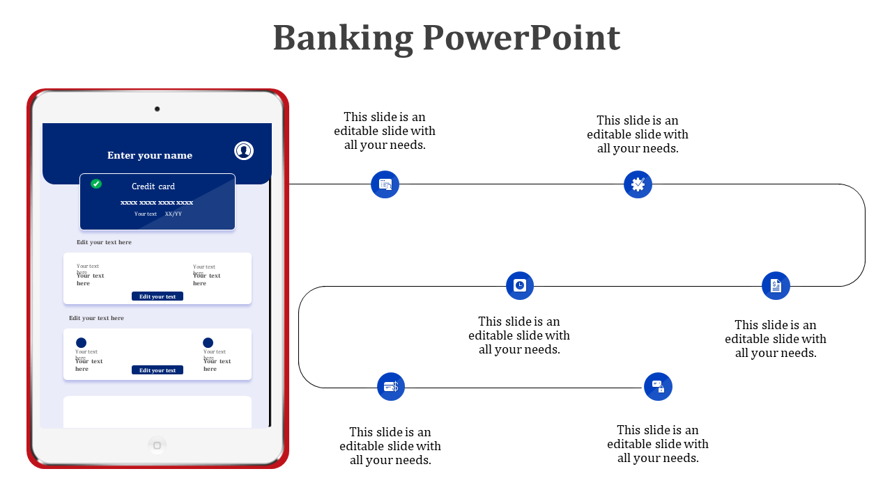 Horizontal layout with circular icons and text blocks for pending, in progress, and complete banking tasks.
