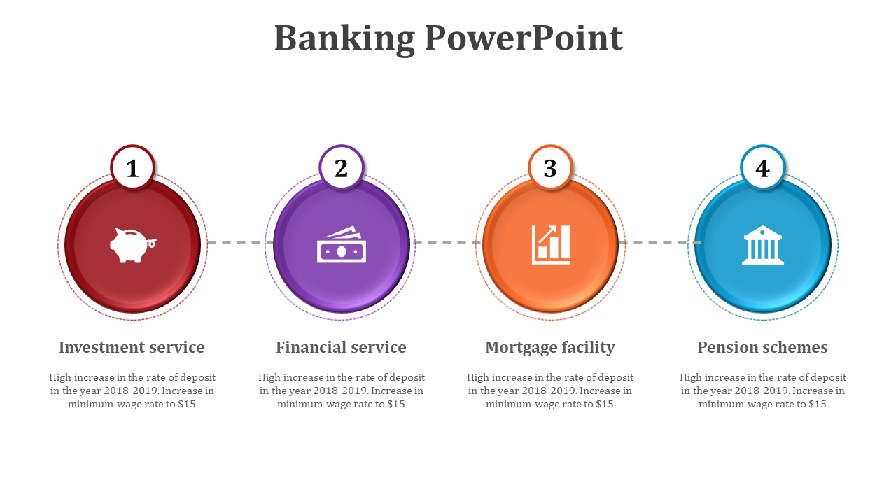 Tablet mockup on left with banking app UI and a connected line flow of blue icons and text boxes on the right.