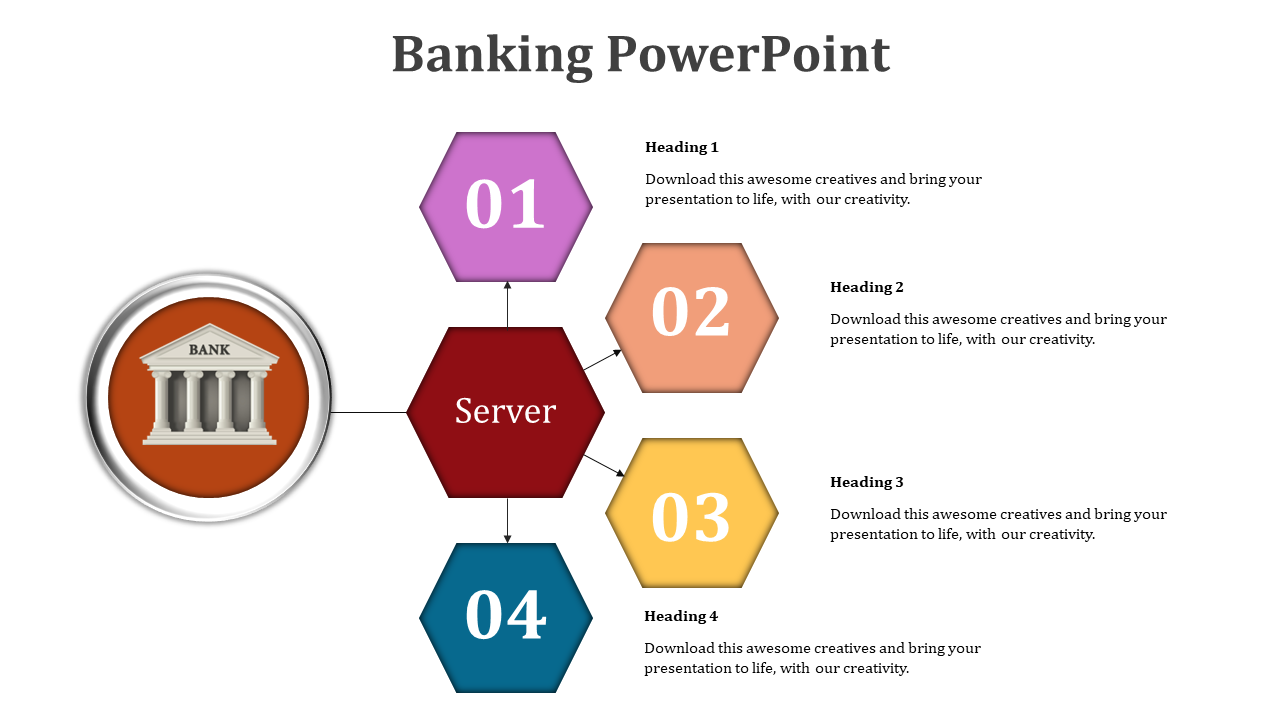 Banking infographic with four numbered glossy circles showing services like investment, financial, mortgage, and pension.