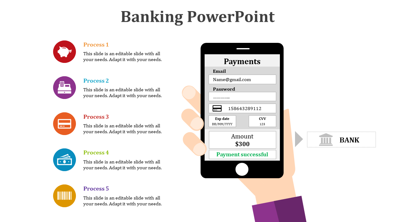 Banking diagram with central server hexagon linking to four numbered hexagons and a round bank icon on the left.