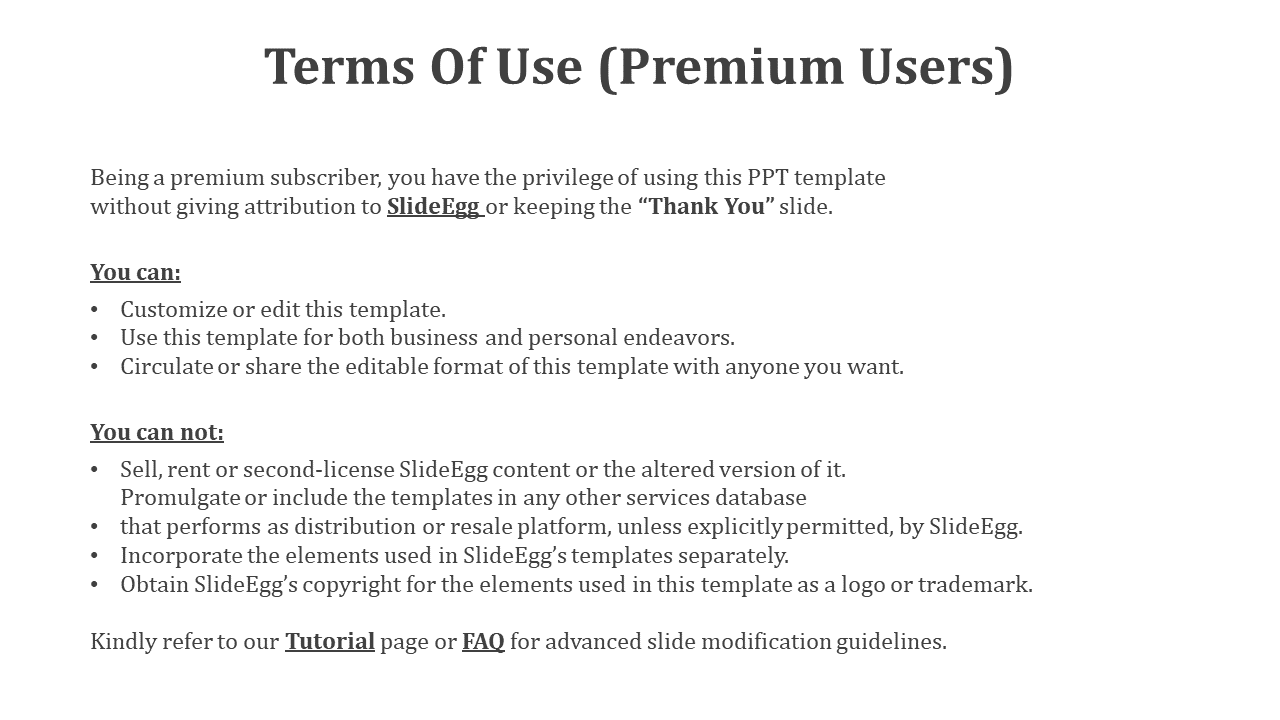 Slide listing permissions and limitations for premium SlideEgg users, including copyright and redistribution rules.