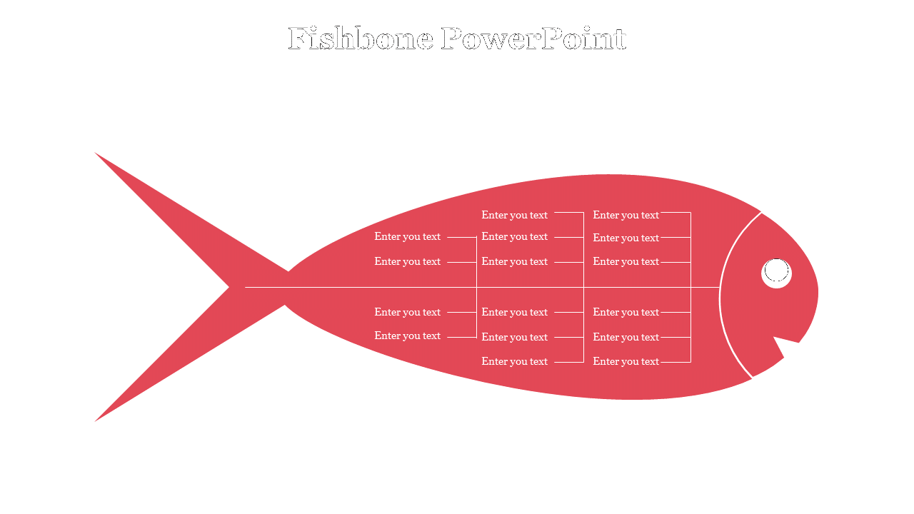 Red fishbone diagram with editable text boxes on both sides of the spine for labeling causes and categories.