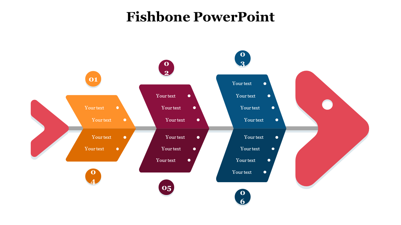 Colorful fishbone diagram with six labeled sections in orange, maroon, and blue, each placed with bullet points.