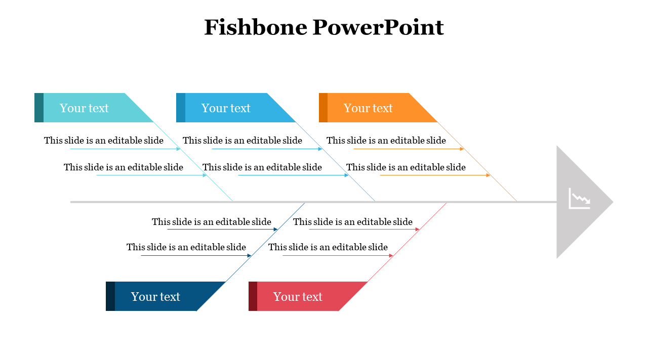 Fishbone diagram with six colored arrow sections and editable labels, pointing toward a gray triangle with chart icon.