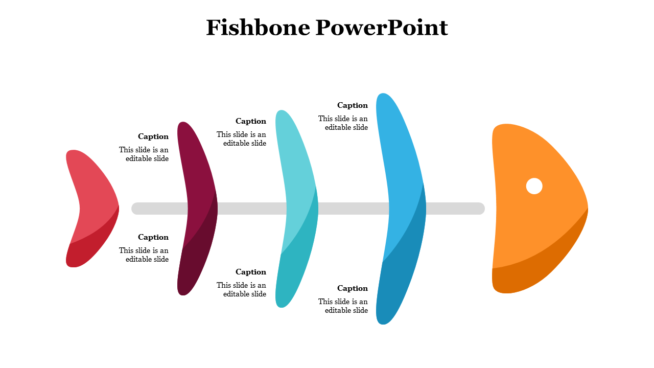 Abstract fishbone layout with editable captions on red, maroon, teal, and blue segments connected to a central gray spine.