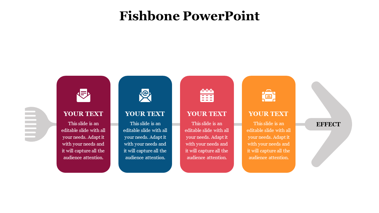 Diagram with four text boxes and icons aligned on a spine, pointing toward a fish tail-shaped grey arrow.