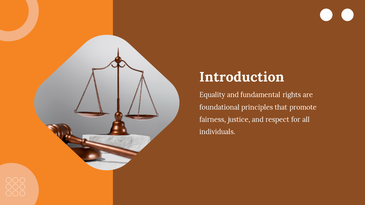 Bronze justice scale and gavel on a white block inside rounded orange frame, beside introduction text on brown background.