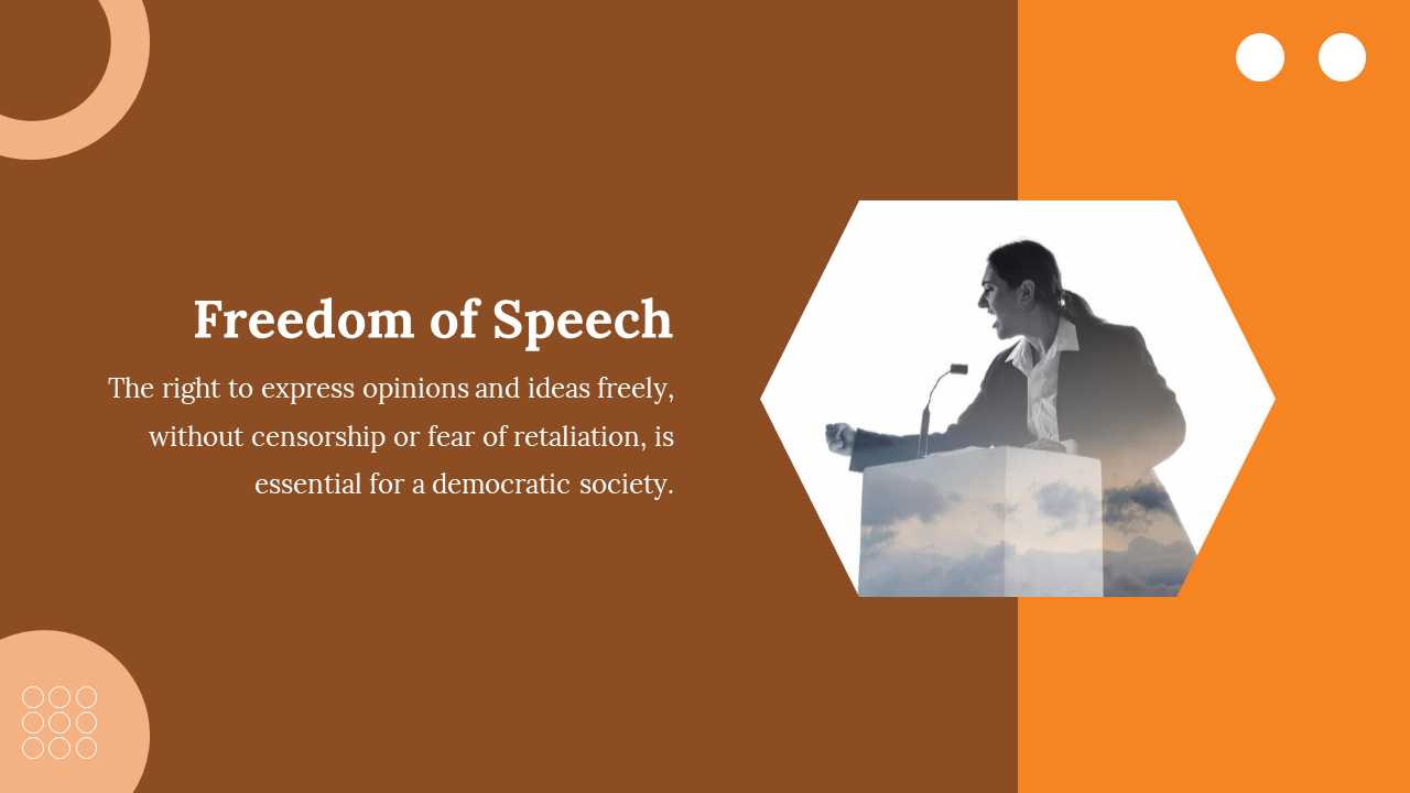 Freedom of speech slide with a hexagon image of speaker and mic overlayed with clouds, on a brown and orange themed layout.