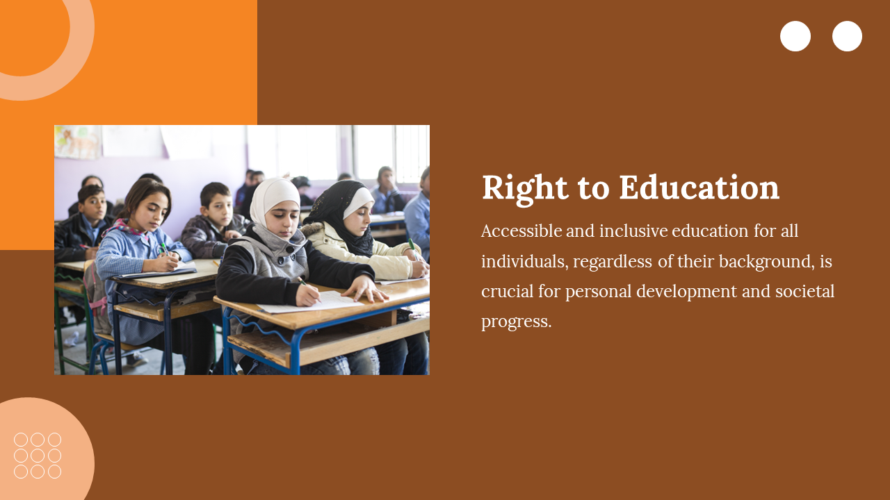 Students seated at desks in a bright classroom, shown next to a brown background with text on the right to education.