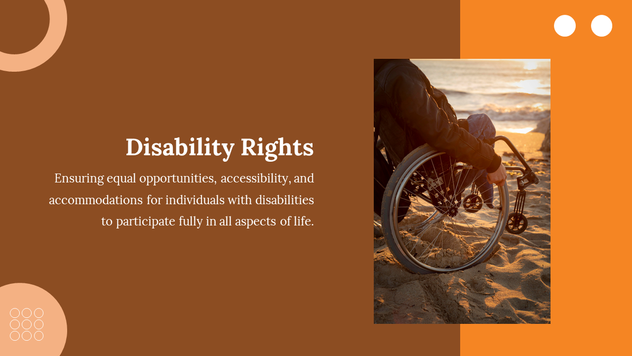 Image of individual in wheelchair on beach at sunset, aligned right of a brown slide with disability rights message.
