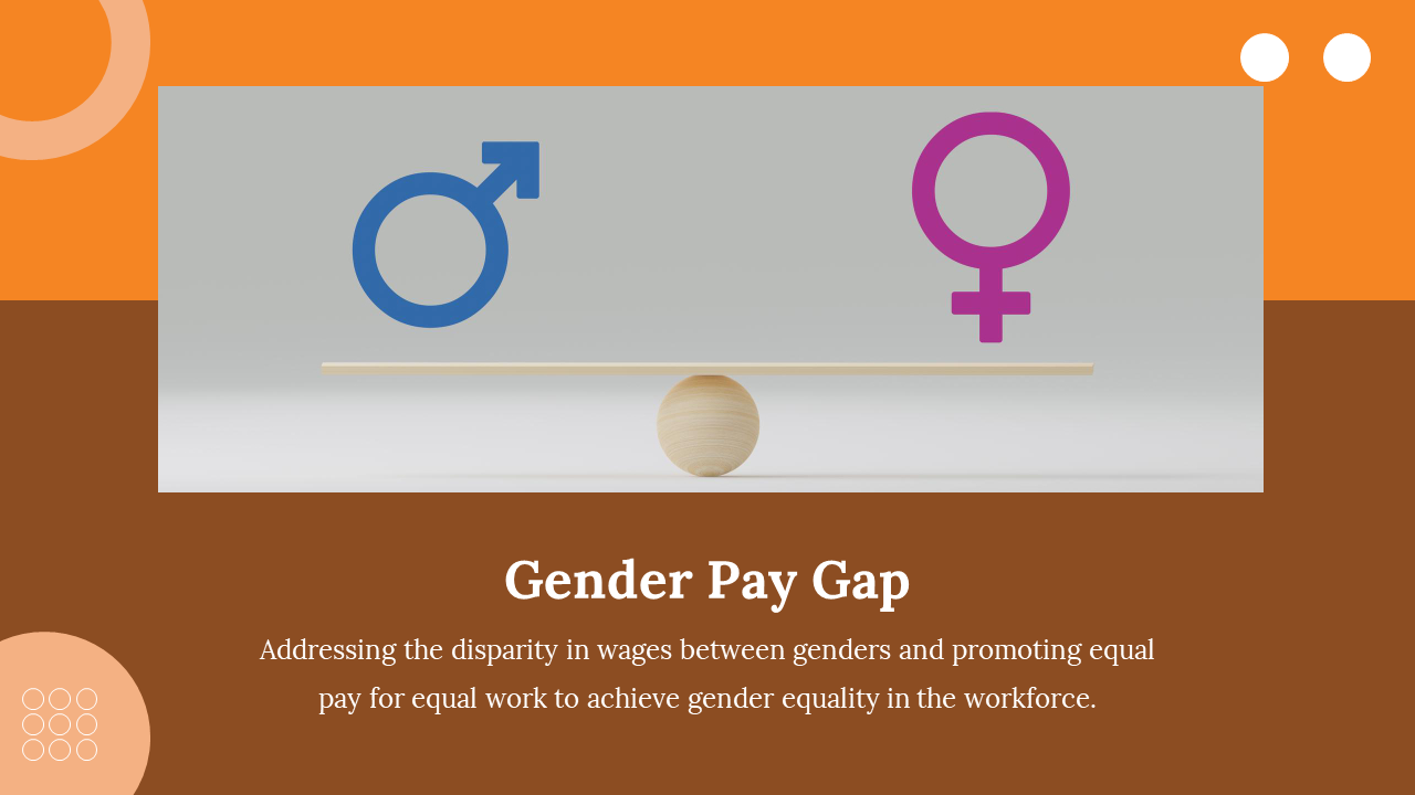Blue and pink gender icons on a balanced seesaw, representing pay equality, above a caption area on brown background.