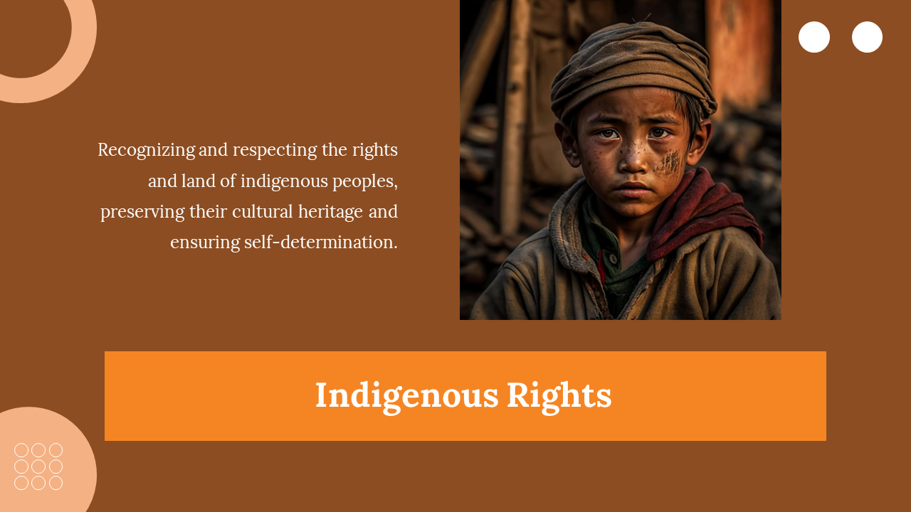 Indigenous child in layered clothing shown next to a brown slide section with cultural rights text and orange title bar.