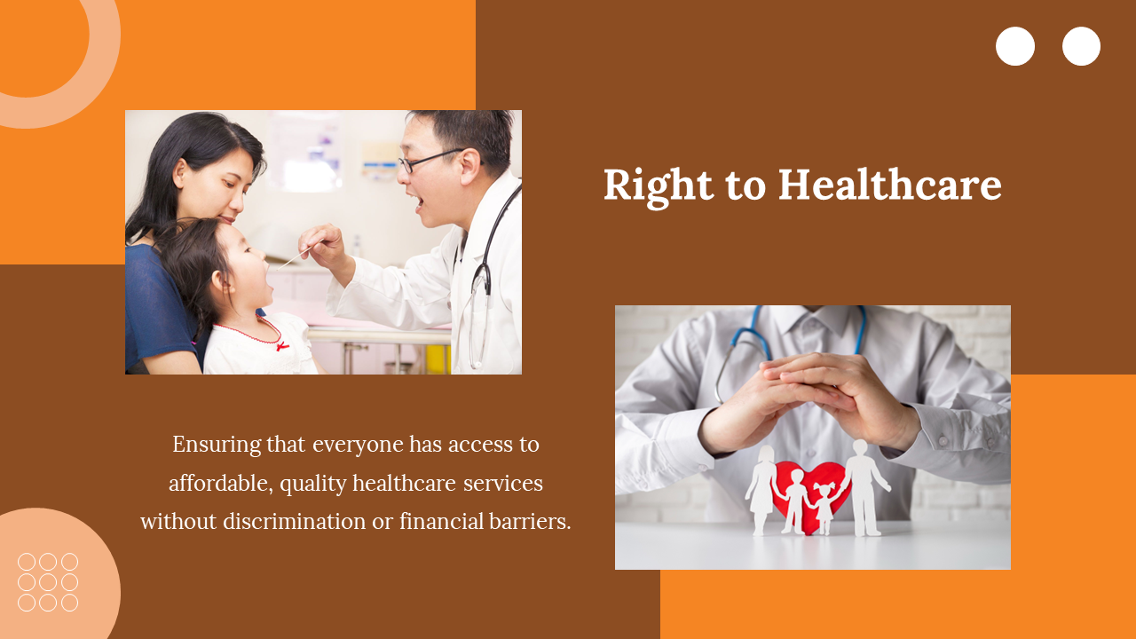 Slide with doctor treating child and symbolic family cutouts beneath hands, highlighting healthcare rights message