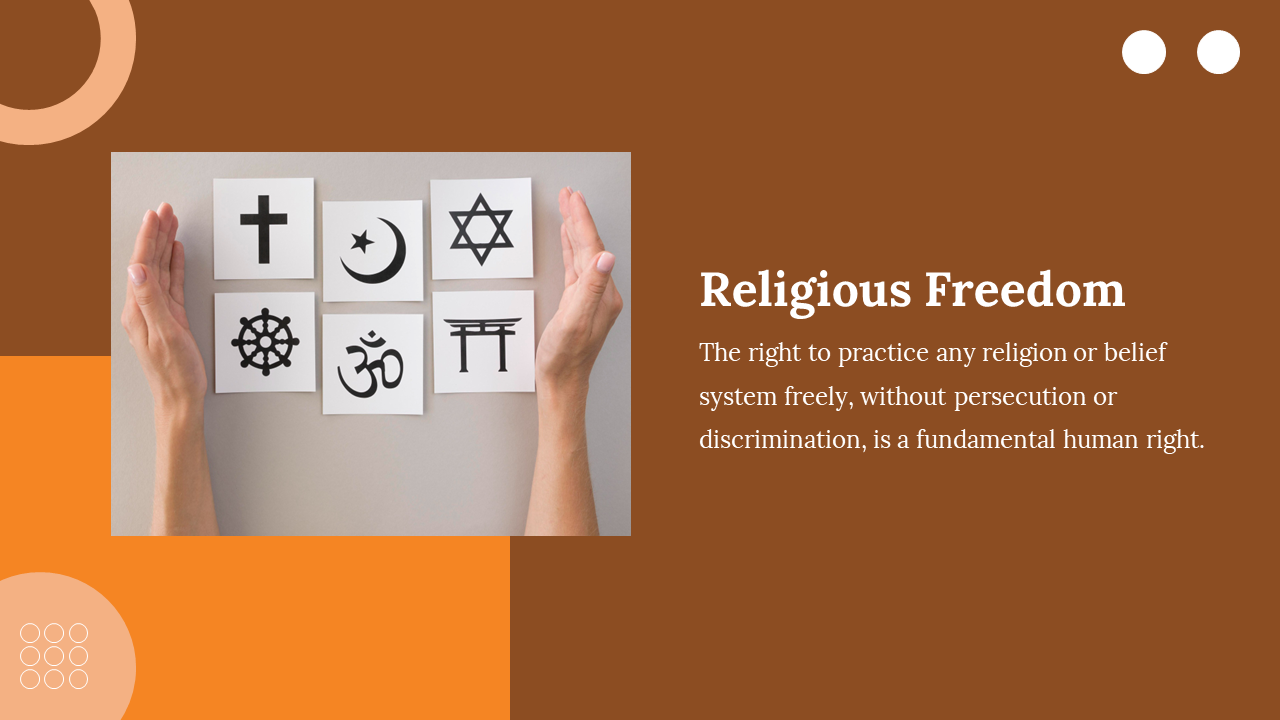 Religious icons held on paper cards by raised hands, with message on religious freedom displayed on a brown background.