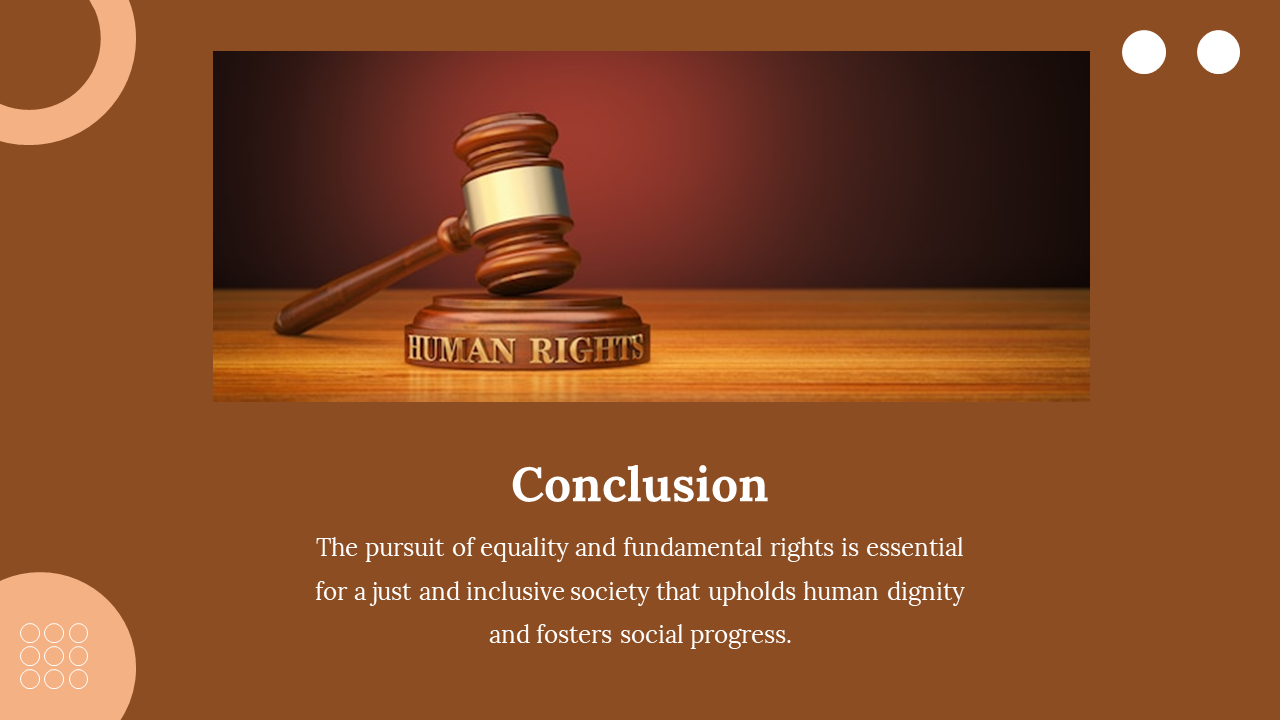 Judge's gavel with gold band placed on circular wooden sound block engraved with right to human right in a wood surface.