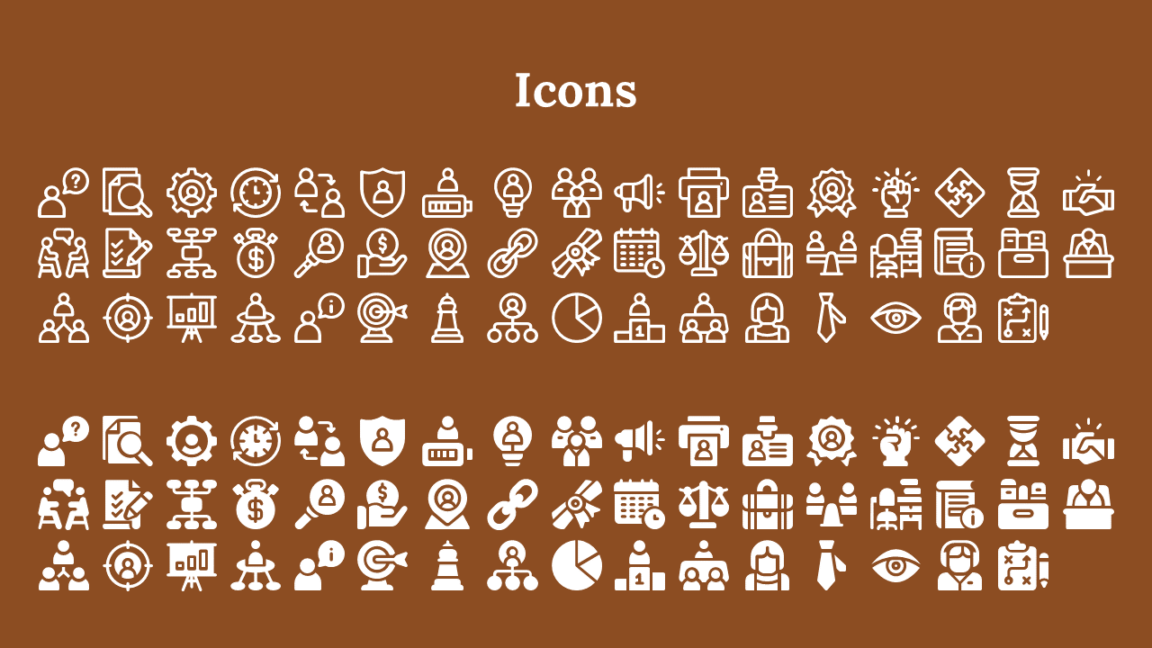 Collection of business and human rights related icons in white outline style displayed in rows against a brown background.