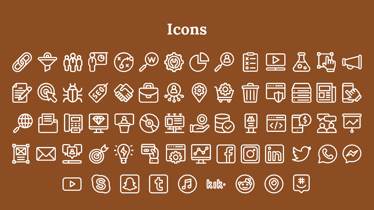 Grid of white outline icons related to business, marketing, technology, and social media platforms on a brown background.
