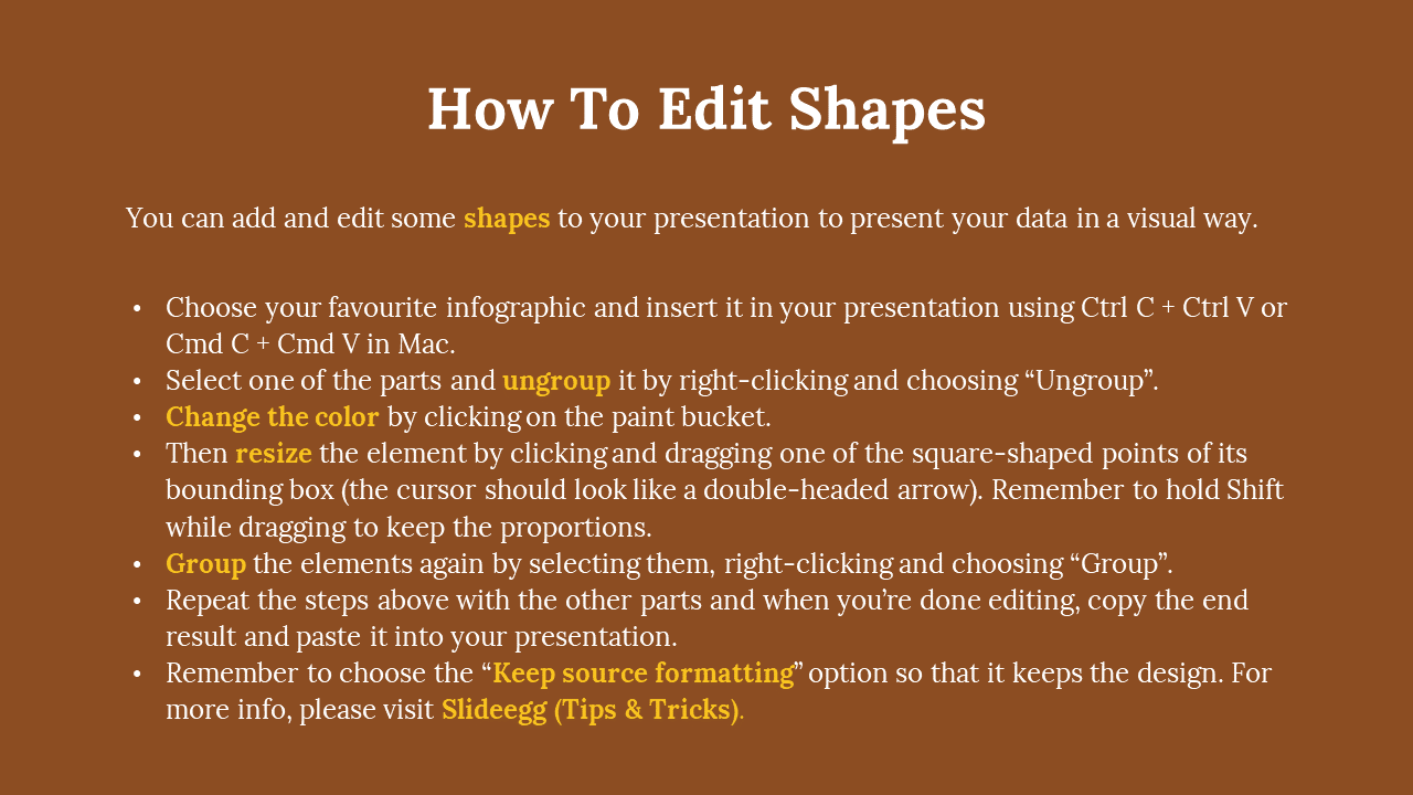 Tutorial slide showing step by step instructions for editing shapes in presentations, with highlighted keywords. 