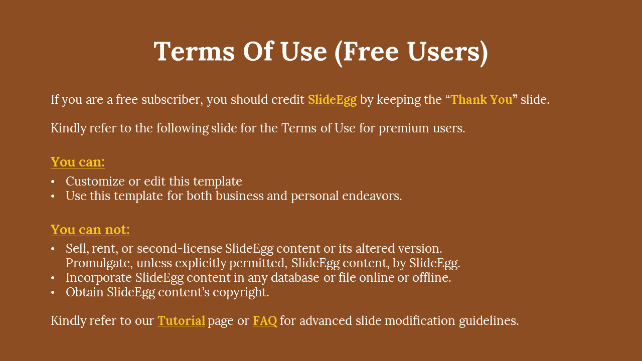 Terms of use slide for free SlideEgg users with allowed and prohibited actions, featuring text against brown backdrop.