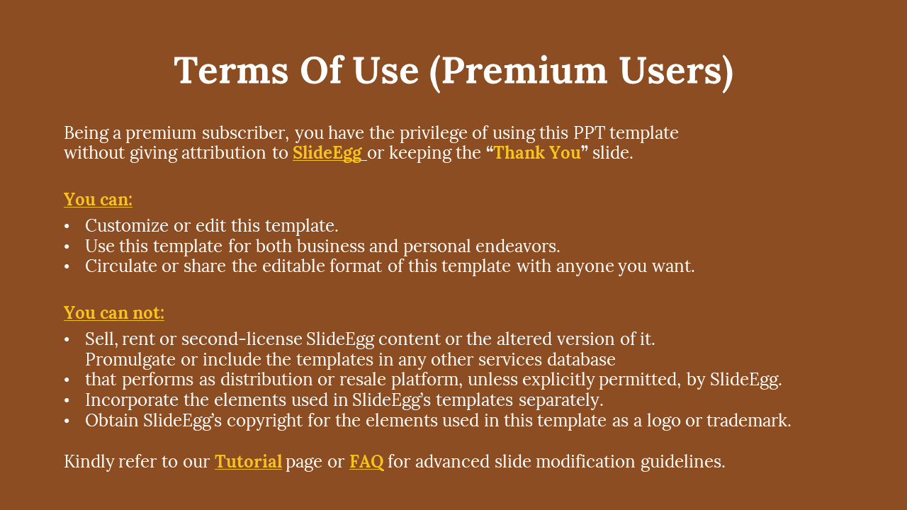 Terms of use slide for premium subscribers showing enhanced privileges and restrictions when using SlideEgg templates.