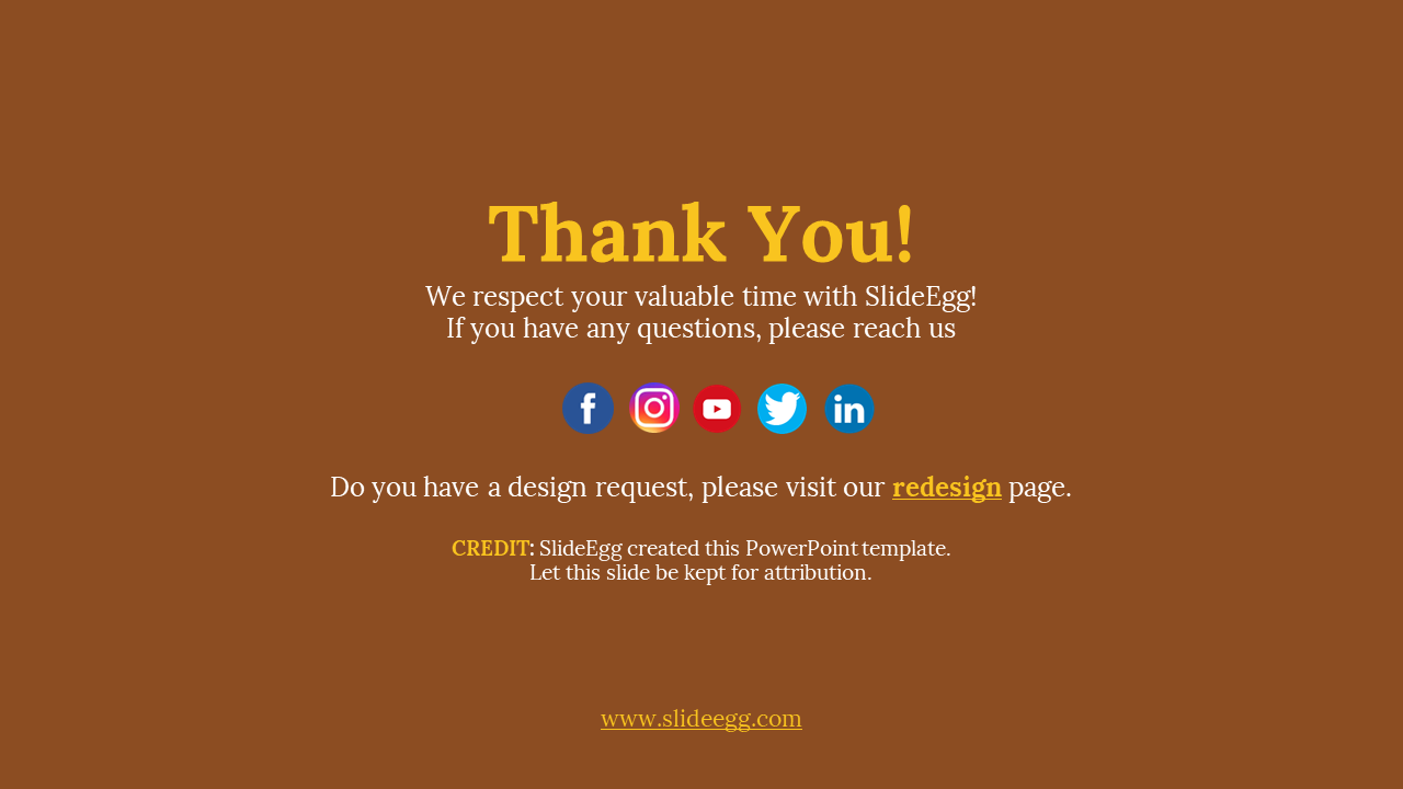 Thank you slide layout on brown background featuring title area, text blocks, five social media icons and website link.