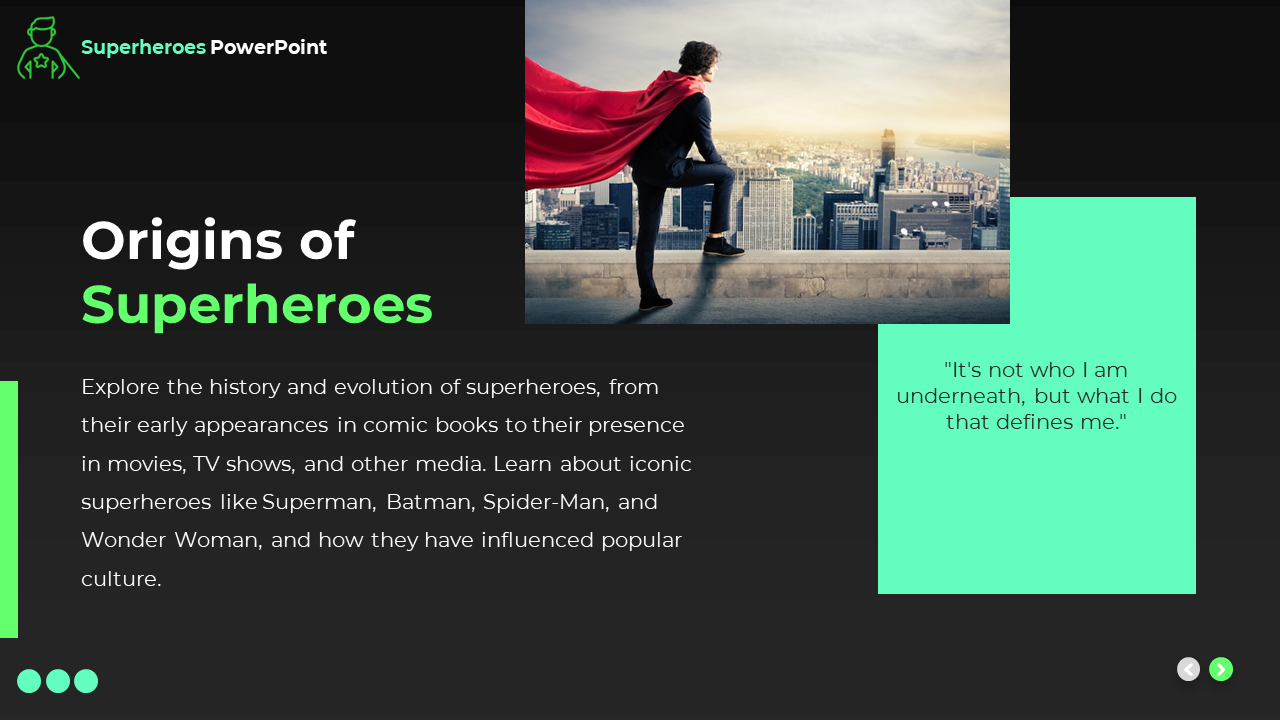 Caped figure stands on a top gazing at a sprawling city and a light green quote box are positioned on the dark background.