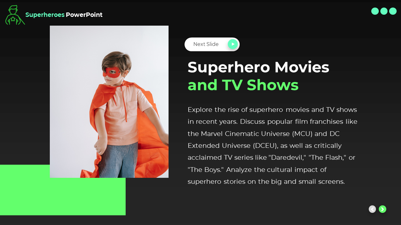 Child in a red mask and cape stands against a white background, beside a dark area with title and text, and a green block.