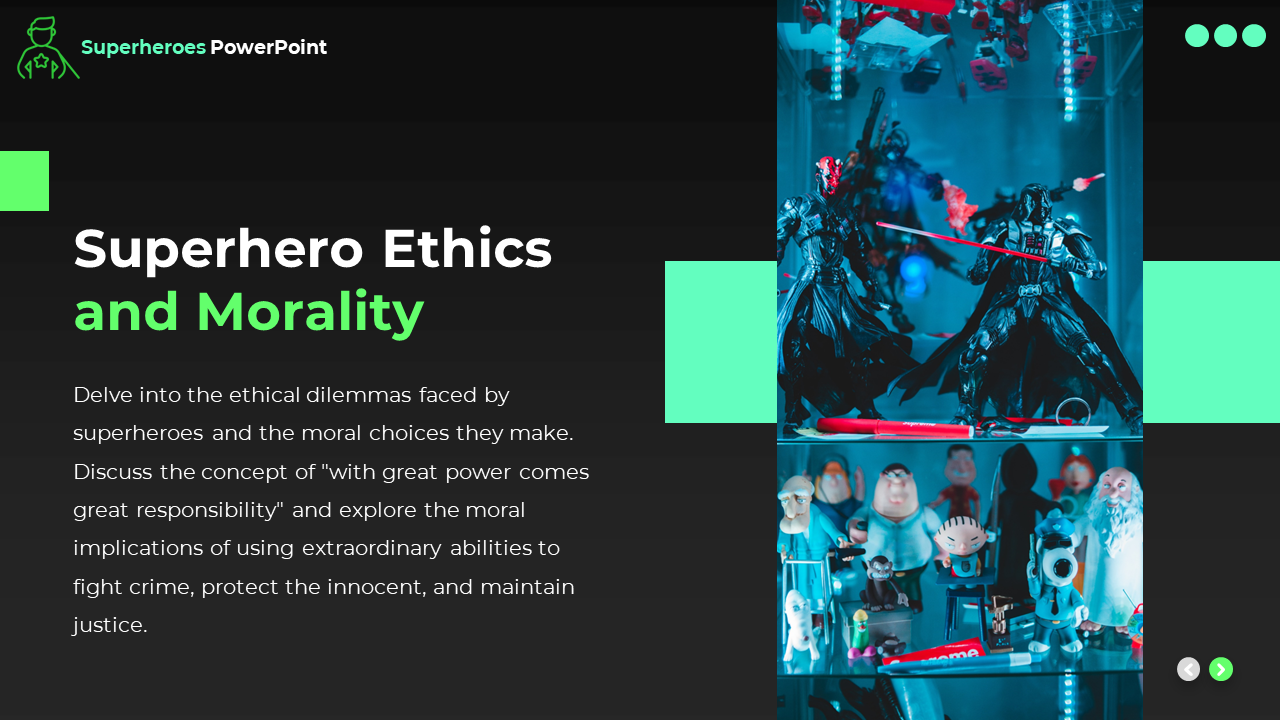 Superhero figurines displayed in a glass case, beside a dark slide area with title and text, and a bright green square.