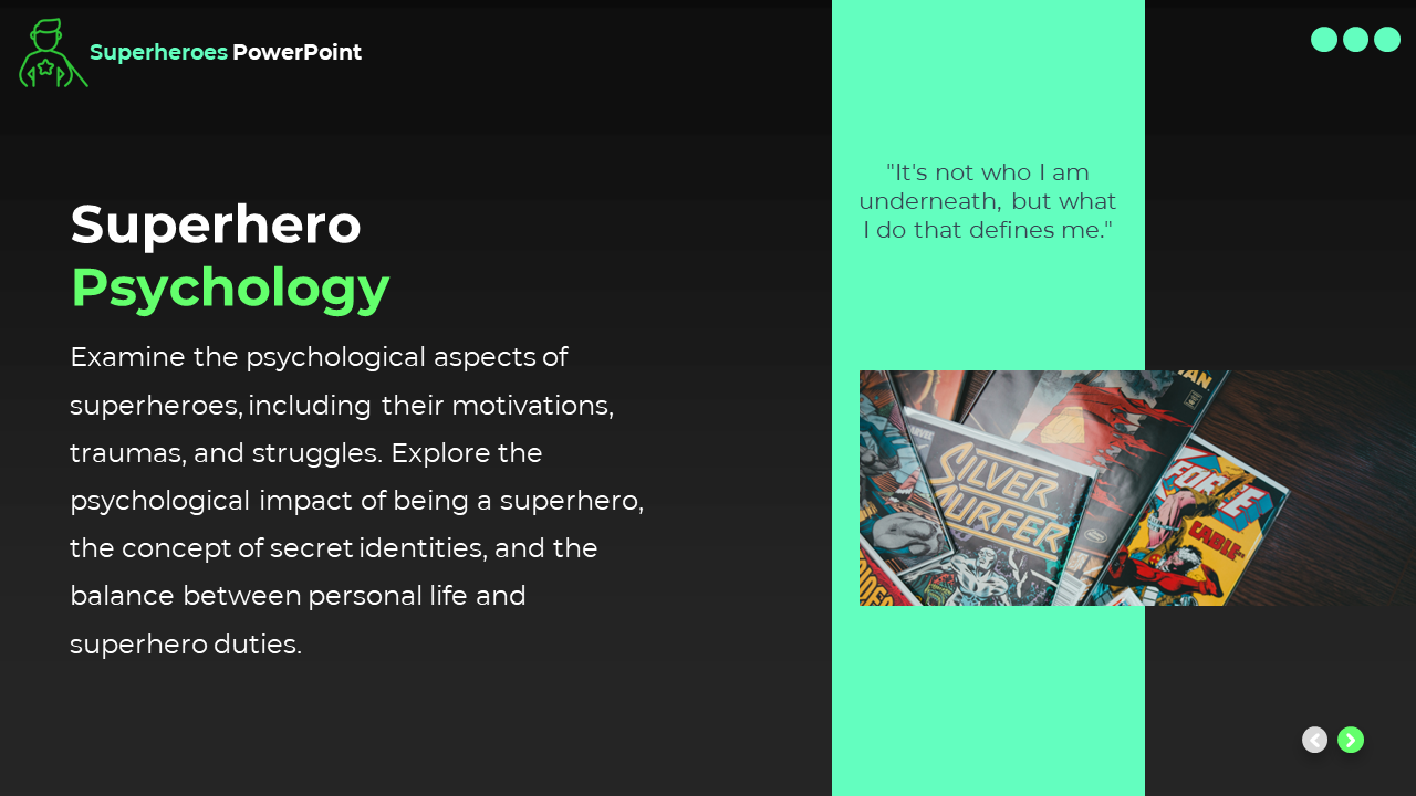 Close up of superhero comic book covers, positioned right of a dark layout with a large bright green box containing a quote.