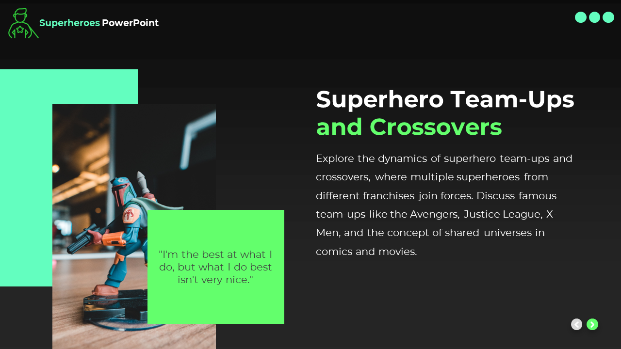 Wolverine figurine with claws extended, beside a with title and text, and bright green graphic elements and a quote box.