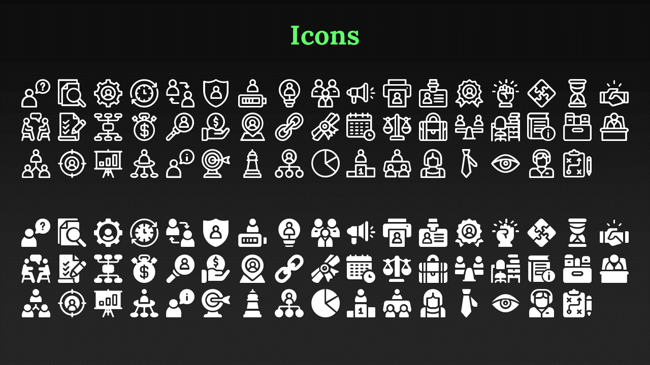 Collection of various white outline icons displayed in two horizontal rows against a dark black backdrop. 