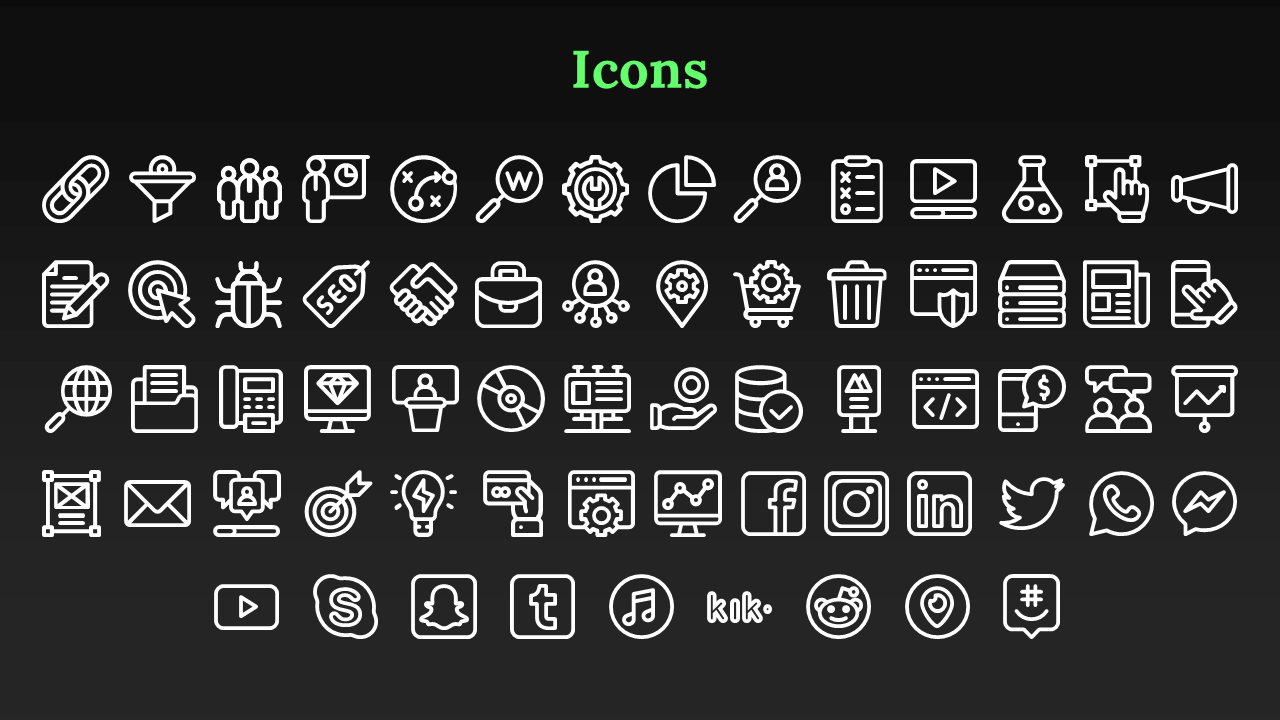 A collection of diverse white line art icons arranged in four horizontal rows against a dark backdrop. 