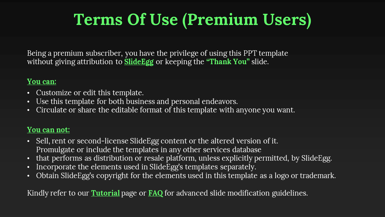 Terms Of Use for Premium Users, followed by white text outlining usage terms for premium subscribers using bullet points.