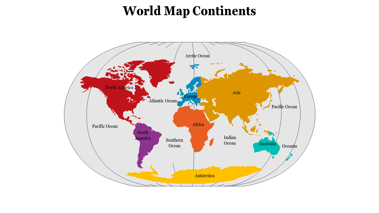 Oval world map with continents in bold colors, labeled by name and surrounded by oceans marked in black text.